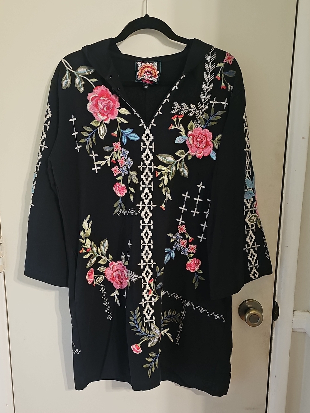 Johnny Was Black Embroidered Floral Hoodie Tunic